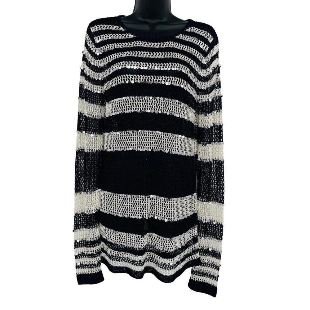 Chico's Women's Sequin Striped Pull Over Size L 2 Open Knit Tunic Sweater